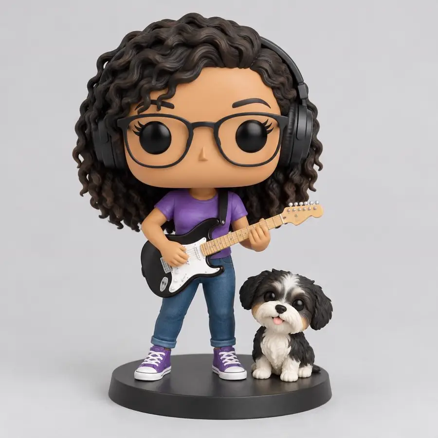 Exemplo ilustrativo de boneca personalizada estilo Funko com guitarra e cachorro
