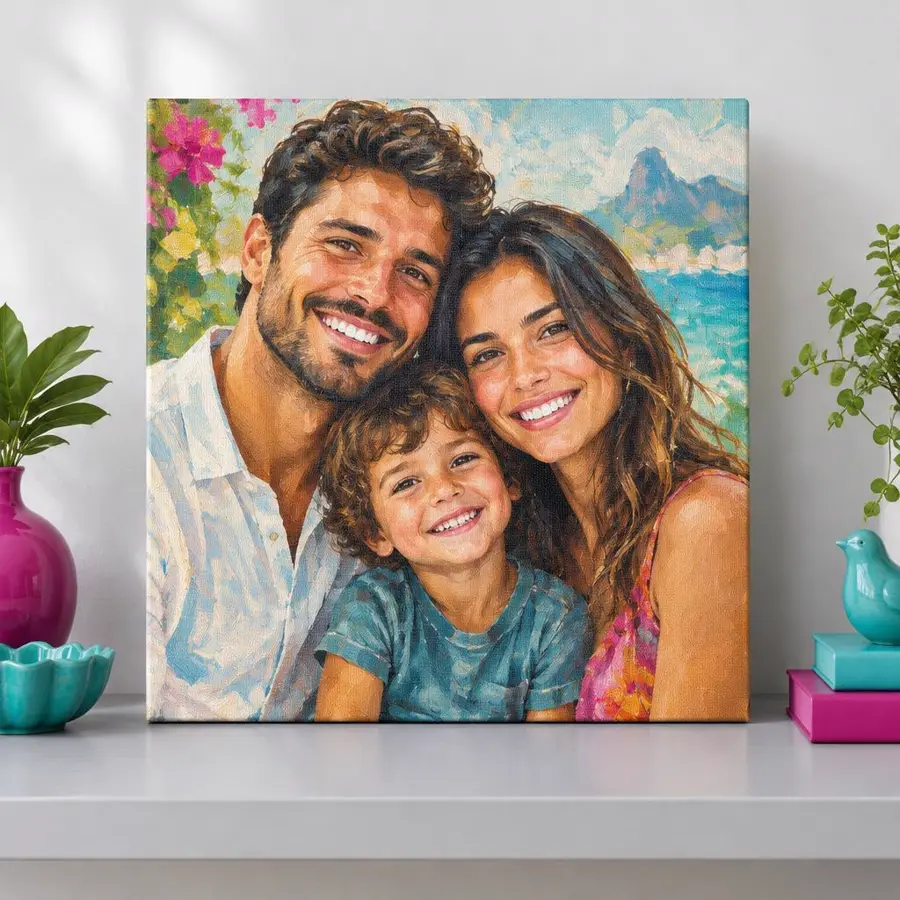 Exemplo ilustrativo de retrato de família impresso em tela de pintura
